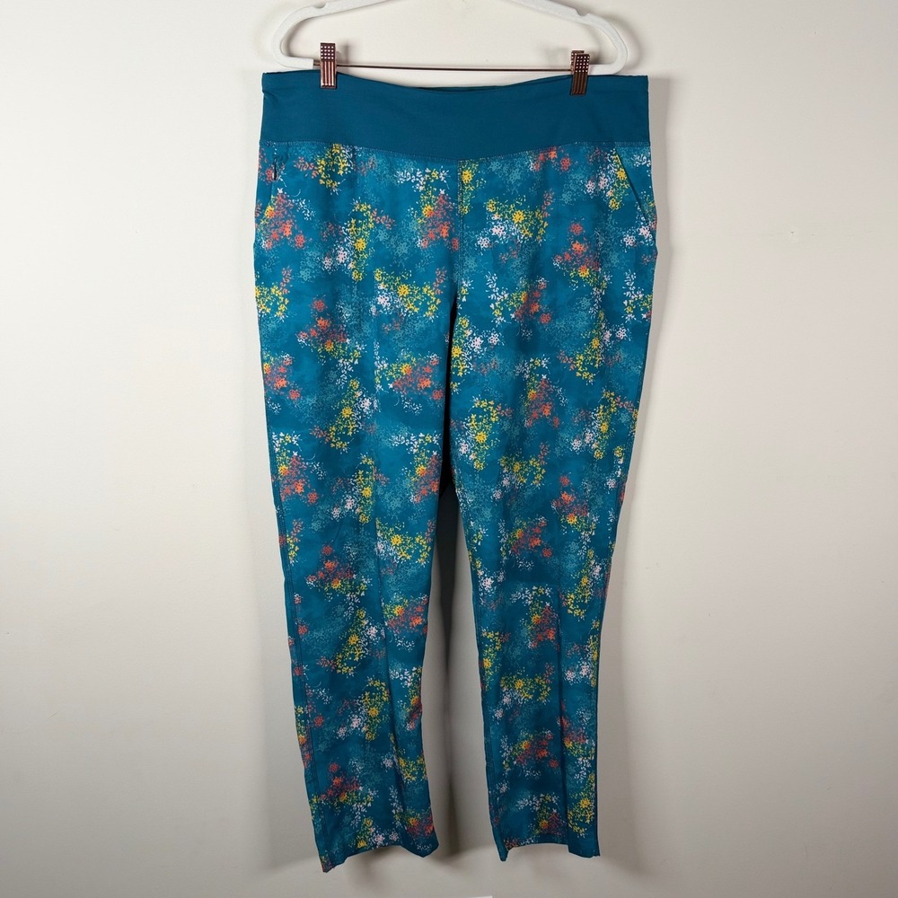 Lands End Womens Blue Floral Everyday Active Pants Size L 14-16 High Rise 525021